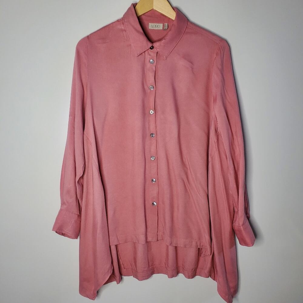 LOGO Lori Goldstein Pink Button Front Long Sleeve Rayon Tunic Size 8